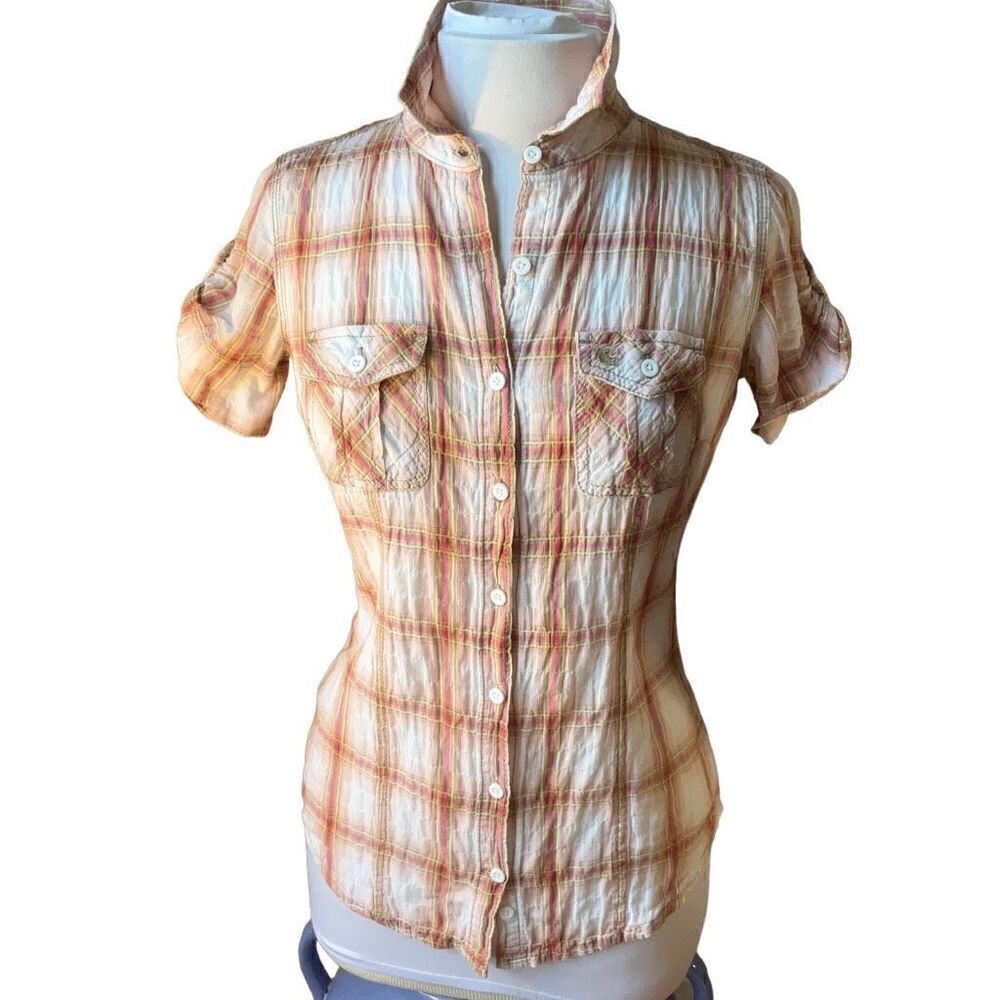 Carhartt Plaid Short Sleeve Button Up, XS. Pink/cream/khaki. Textured gorpcore
